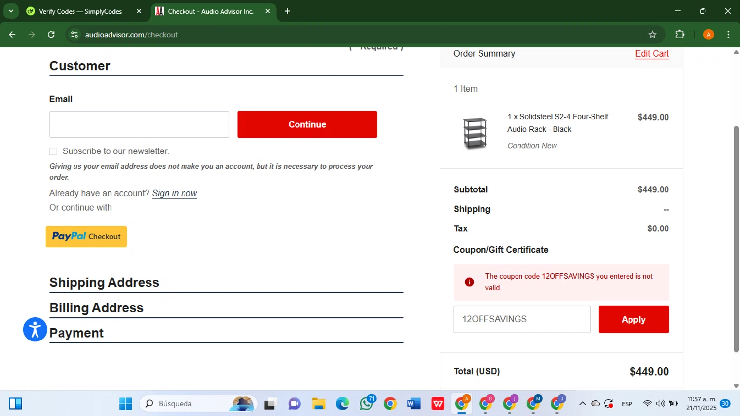Audio Advisor promo code screenshot showing code 12OFFSAVINGS applied at Audio Advisor checkout page. Uploaded by SimplyCodes community member AlfredoBonifacio on Nov 21, 2025