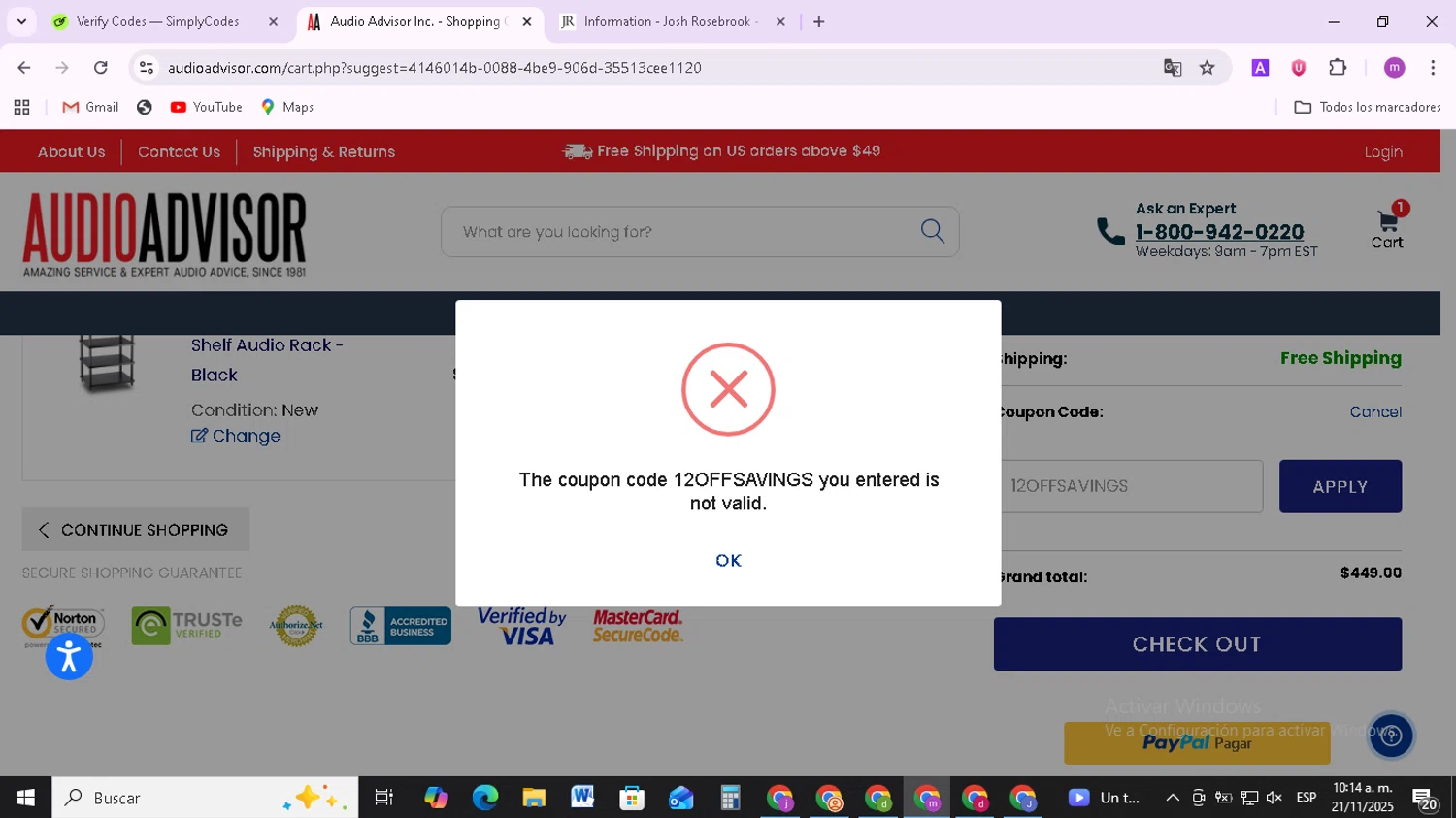 Audio Advisor promo code screenshot showing code 12OFFSAVINGS applied at Audio Advisor checkout page. Uploaded by SimplyCodes community member BudgetMonarch8952 on Nov 21, 2025