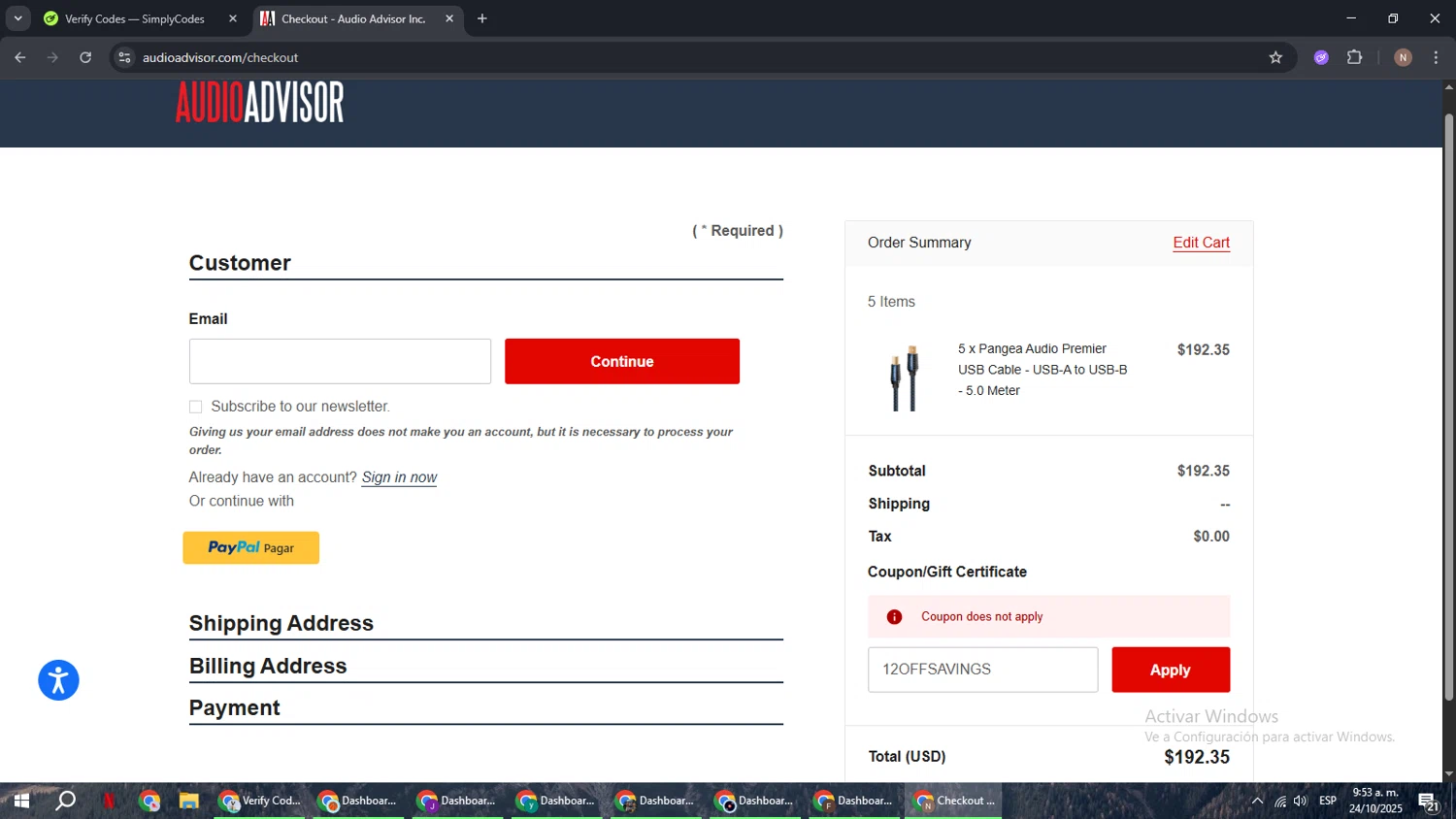 Audio Advisor checkout page showing Audio Advisor promo code box | Screenshot taken by SimplyCodes community member on Oct 24, 2025