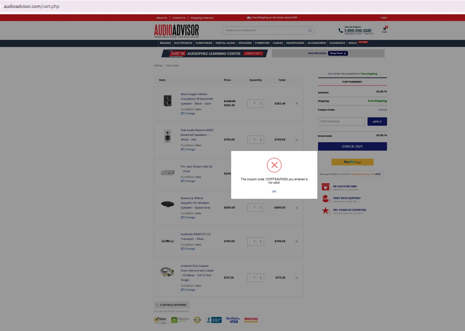Audio Advisor promo code screenshot showing code 12OFFSAVINGS applied at Audio Advisor checkout page. Uploaded by SimplyCodes community member johangonzalez1 on Nov 21, 2025