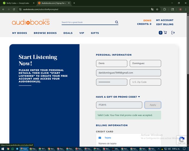 Audiobooks.com checkout page showing Audiobooks.com promo code box | Screenshot taken by SimplyCodes community member on Sep 1, 2025
