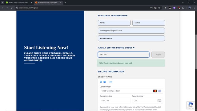 Audiobooks.com checkout page showing Audiobooks.com promo code box | Screenshot taken by SimplyCodes community member on Aug 17, 2025