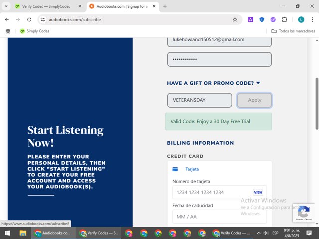 Audiobooks.com checkout page showing Audiobooks.com promo code box | Screenshot taken by SimplyCodes community member on Aug 5, 2025