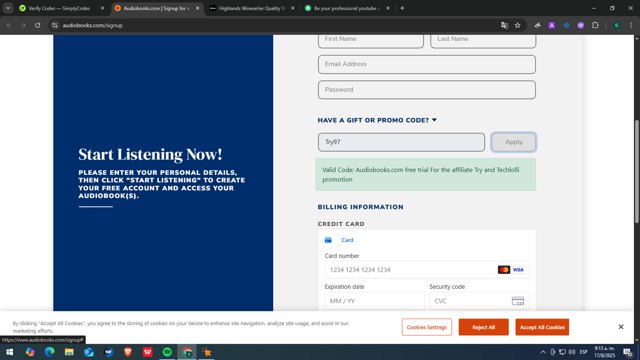 Audiobooks.com checkout page showing Audiobooks.com promo code box | Screenshot taken by SimplyCodes community member on Aug 17, 2025