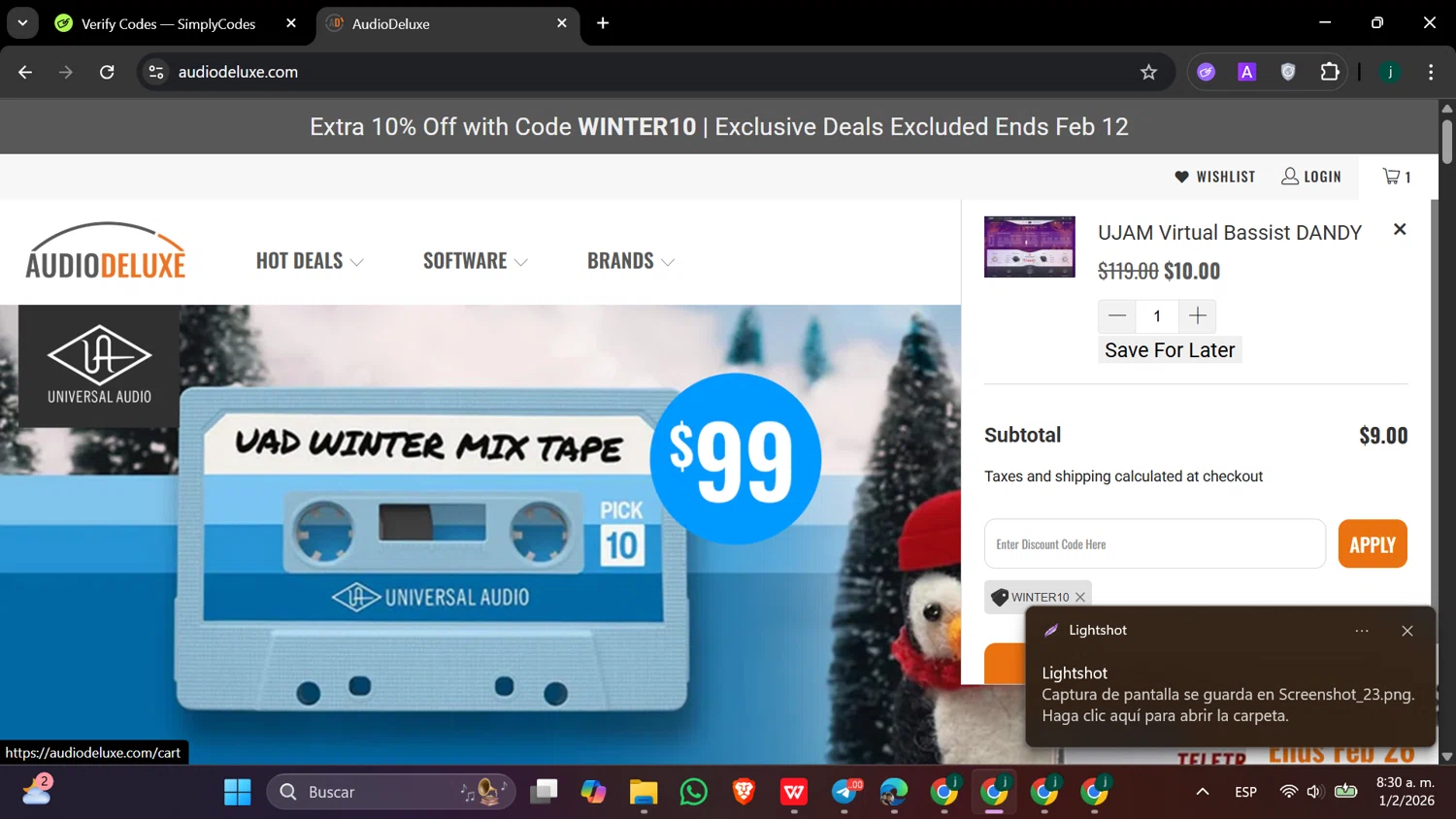 AudioDeluxe coupon code screenshot showing code WINTER10 applied at AudioDeluxe checkout page. Uploaded by SimplyCodes community member hanzell2 on Feb 1, 2026