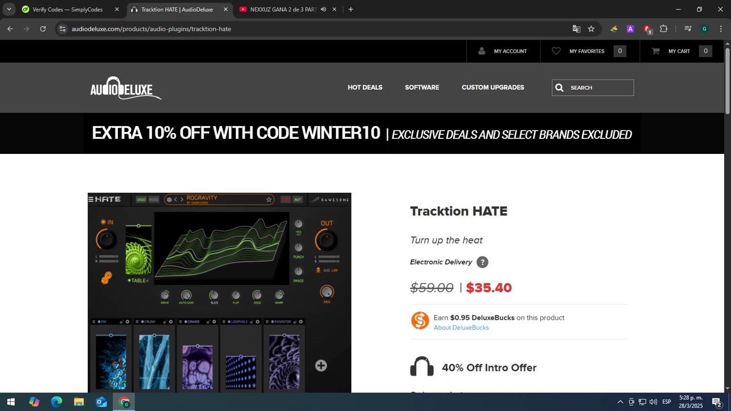 AudioDeluxe coupon code screenshot showing code WINTER10 applied at AudioDeluxe checkout page. Uploaded by SimplyCodes community member tonikros on Mar 28, 2025