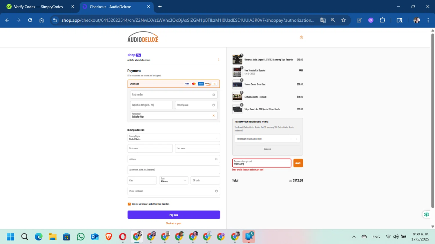AudioDeluxe coupon code screenshot showing code SSLG3AD29 applied at AudioDeluxe checkout page. Uploaded by SimplyCodes community member DavidMGF on May 17, 2025