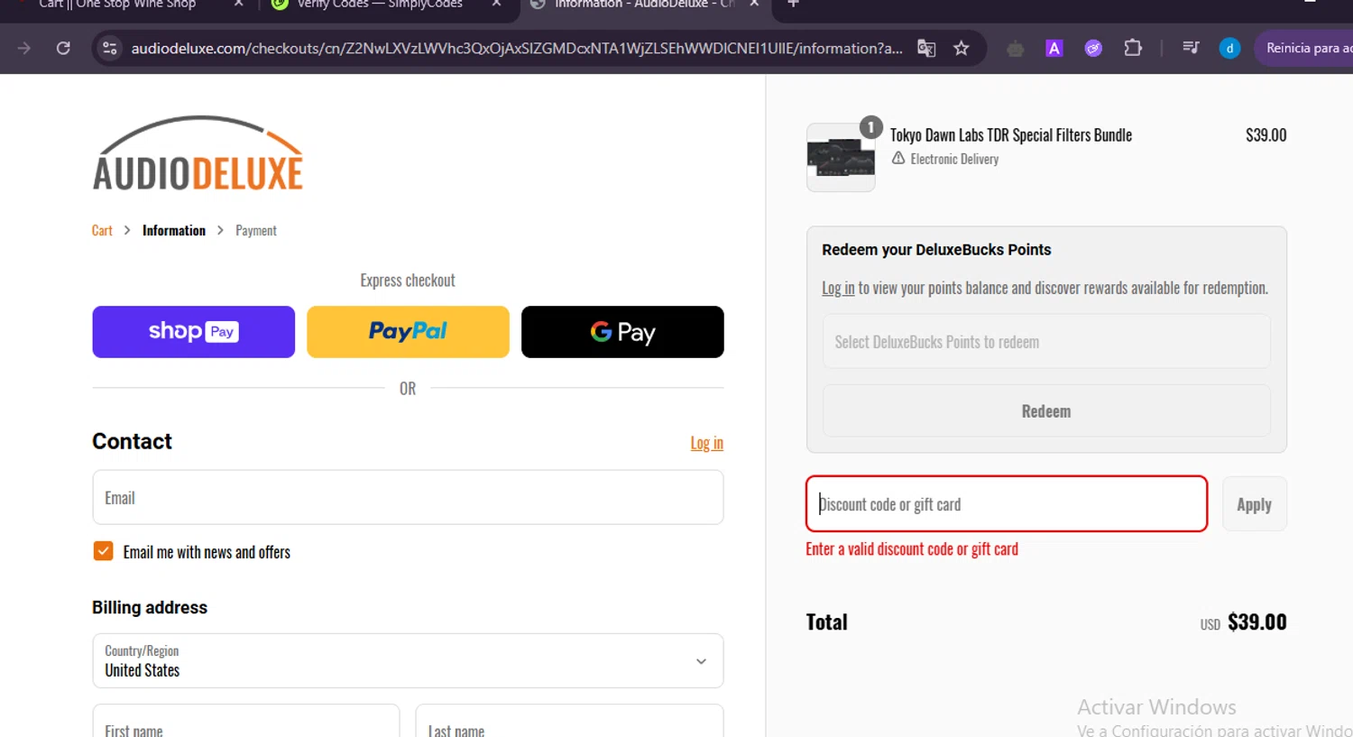 AudioDeluxe coupon code screenshot showing code SSLG3AD29 applied at AudioDeluxe checkout page. Uploaded by SimplyCodes community member GloriousWizard8260 on May 17, 2025