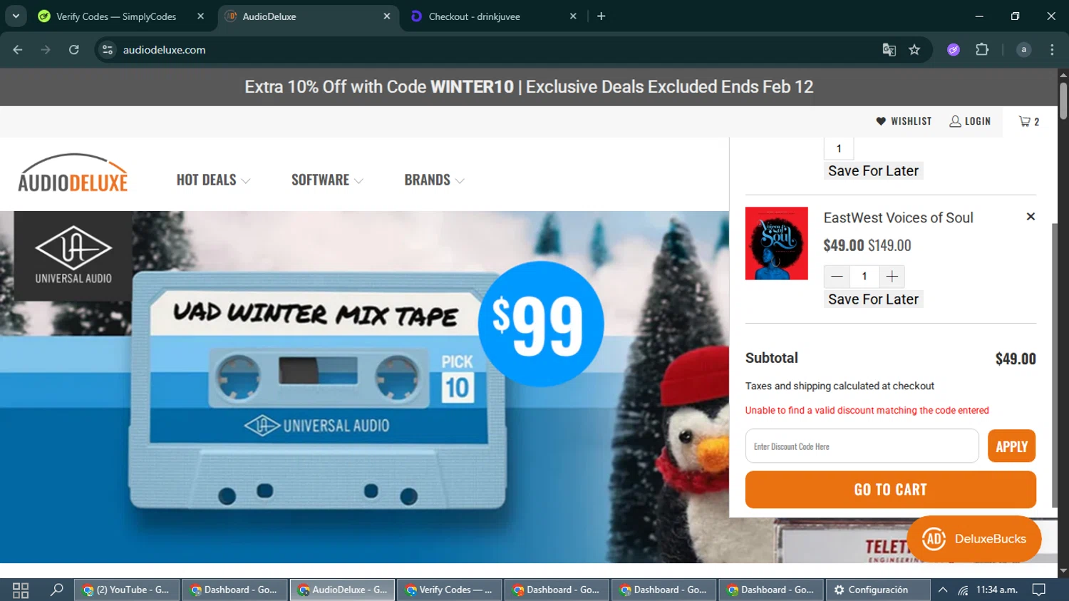 AudioDeluxe coupon code screenshot showing code SAVE10 applied at AudioDeluxe checkout page. Uploaded by SimplyCodes community member ValueWhiz9480 on Feb 1, 2026