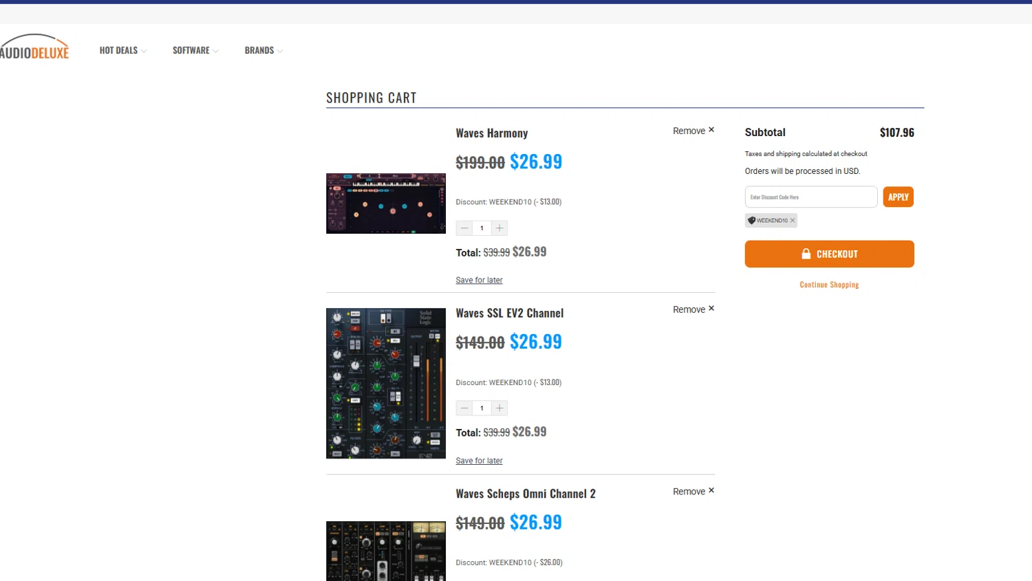AudioDeluxe coupon code screenshot showing code WEEKEND10 applied at AudioDeluxe checkout page. Uploaded by SimplyCodes community member Dulce__ on Jan 17, 2026