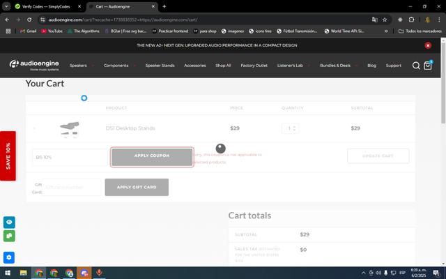 Audioengine checkout page showing Audioengine coupon code box | Screenshot taken by SimplyCodes community member on Feb 6, 2025