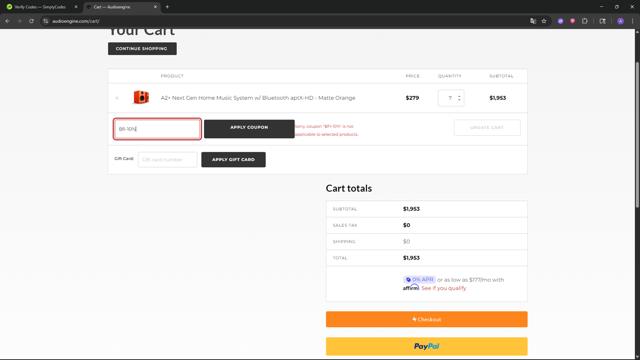 Audioengine checkout page showing Audioengine coupon code box | Screenshot taken by SimplyCodes community member on Aug 25, 2025