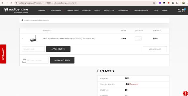 Audioengine checkout page showing Audioengine coupon code box | Screenshot taken by SimplyCodes community member on Apr 16, 2025