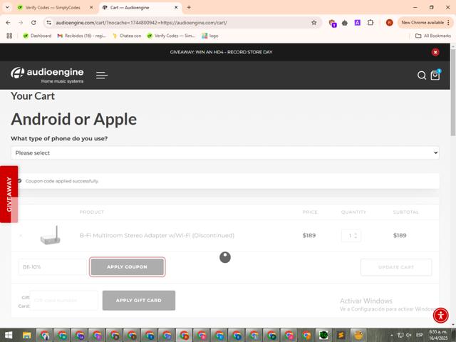 Audioengine checkout page showing Audioengine coupon code box | Screenshot taken by SimplyCodes community member on Apr 16, 2025