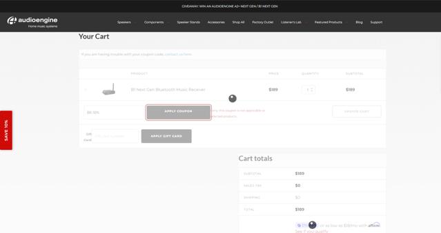 Audioengine checkout page showing Audioengine coupon code box | Screenshot taken by SimplyCodes community member on Mar 18, 2025