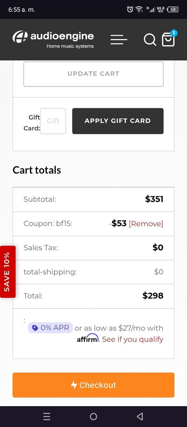 Audioengine checkout page showing Audioengine coupon code box | Screenshot taken by SimplyCodes community member on Mar 17, 2025