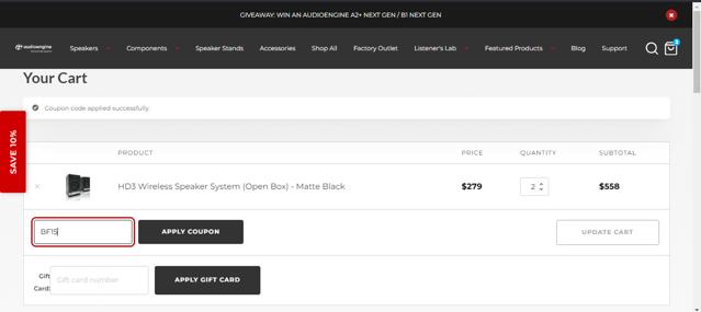 Audioengine checkout page showing Audioengine coupon code box | Screenshot taken by SimplyCodes community member on Feb 16, 2025