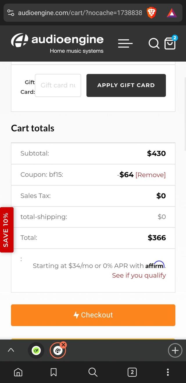 Audioengine checkout page showing Audioengine coupon code box | Screenshot taken by SimplyCodes community member on Feb 6, 2025