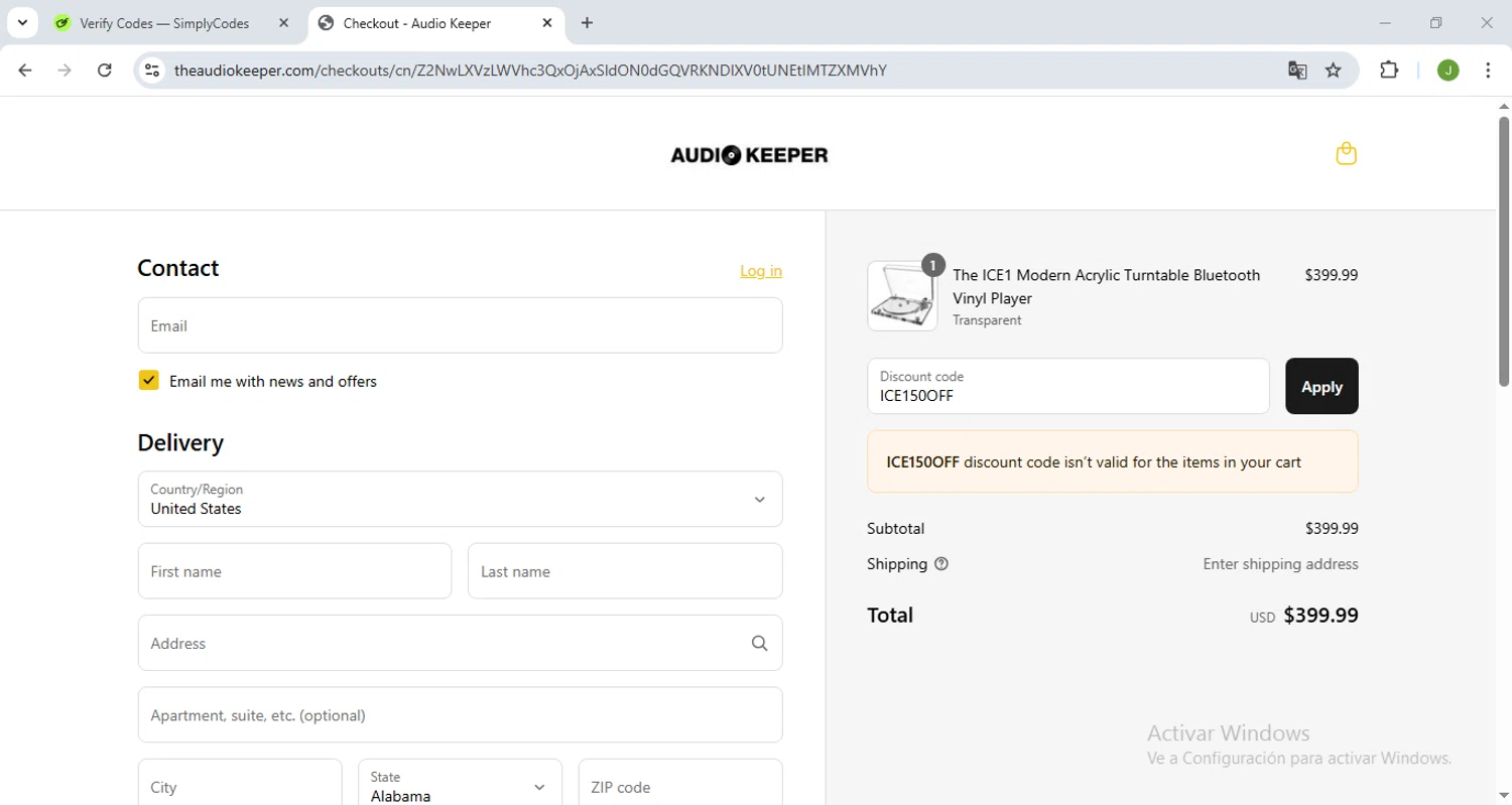 Audio Keeper promo code screenshot showing code ICE150OFF applied at Audio Keeper checkout page. Uploaded by SimplyCodes community member SAKURA on Jun 1, 2025