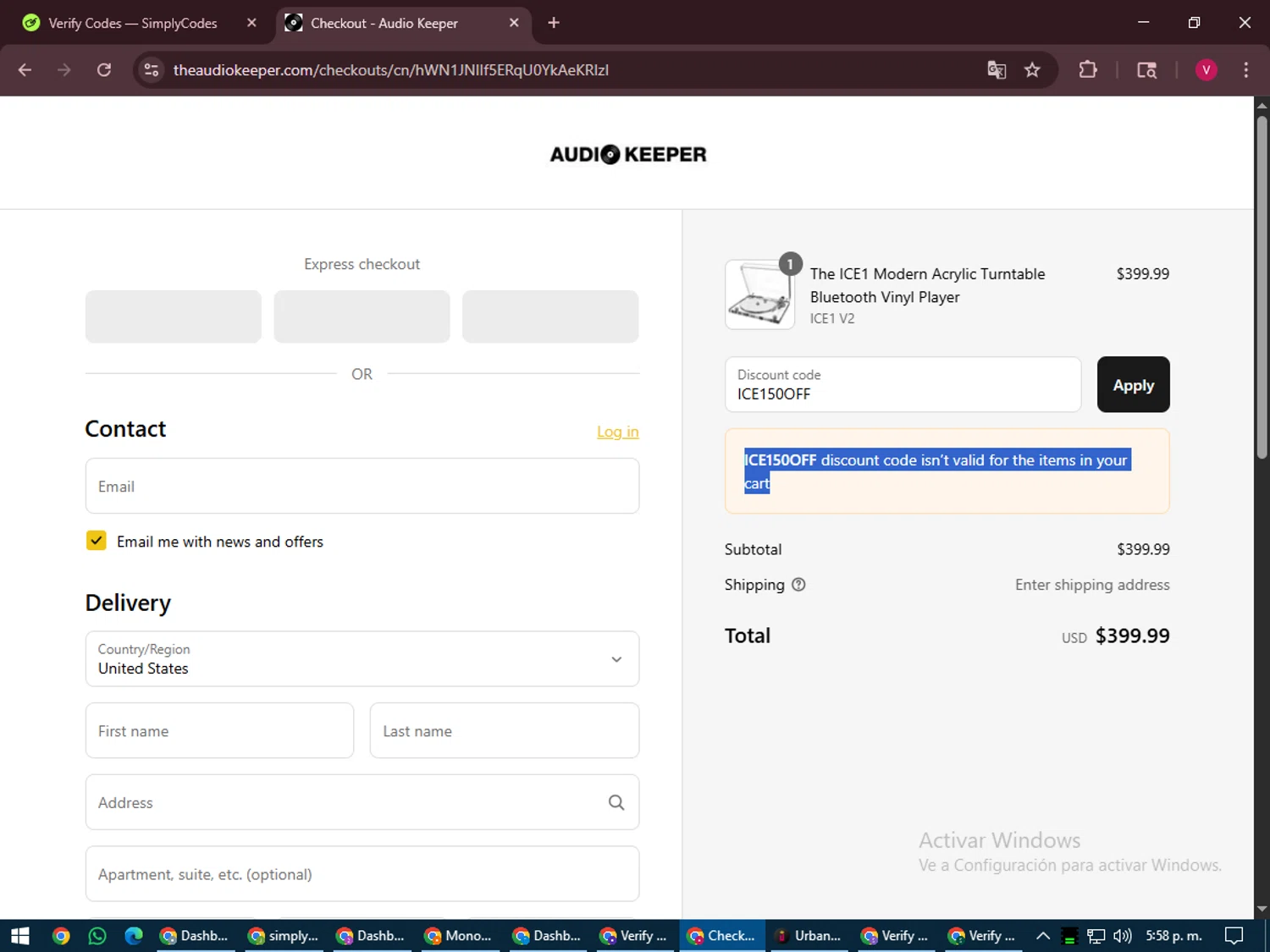 Audio Keeper promo code screenshot showing code ICE150OFF applied at Audio Keeper checkout page. Uploaded by SimplyCodes community member ShieldEagle6102 on Aug 1, 2025