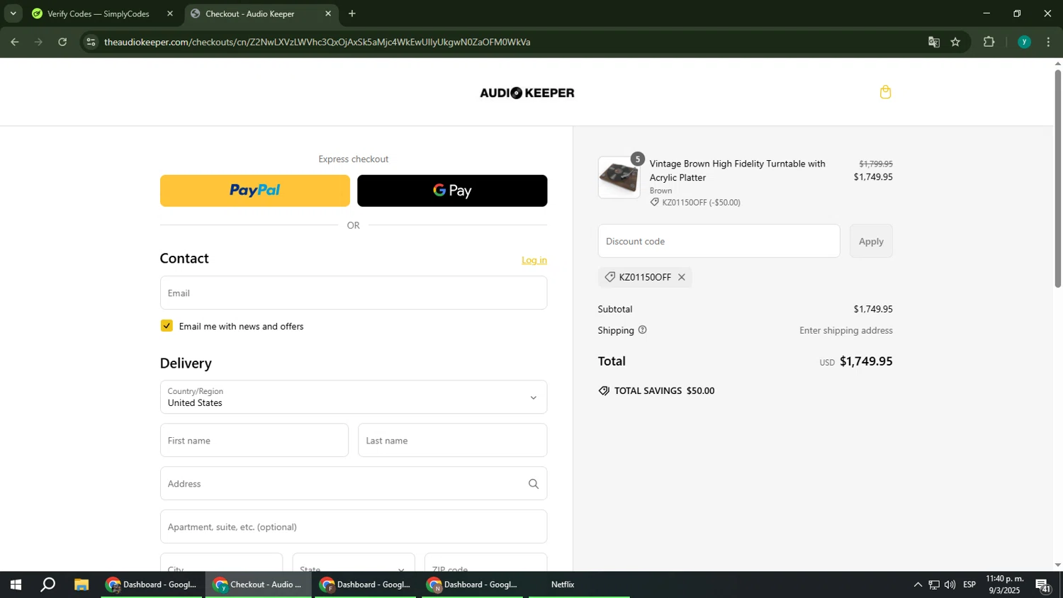 Audio Keeper promo code screenshot showing code KZ01150OFF applied at Audio Keeper checkout page. Uploaded by SimplyCodes community member FrugalCaptain6906 on Mar 10, 2025