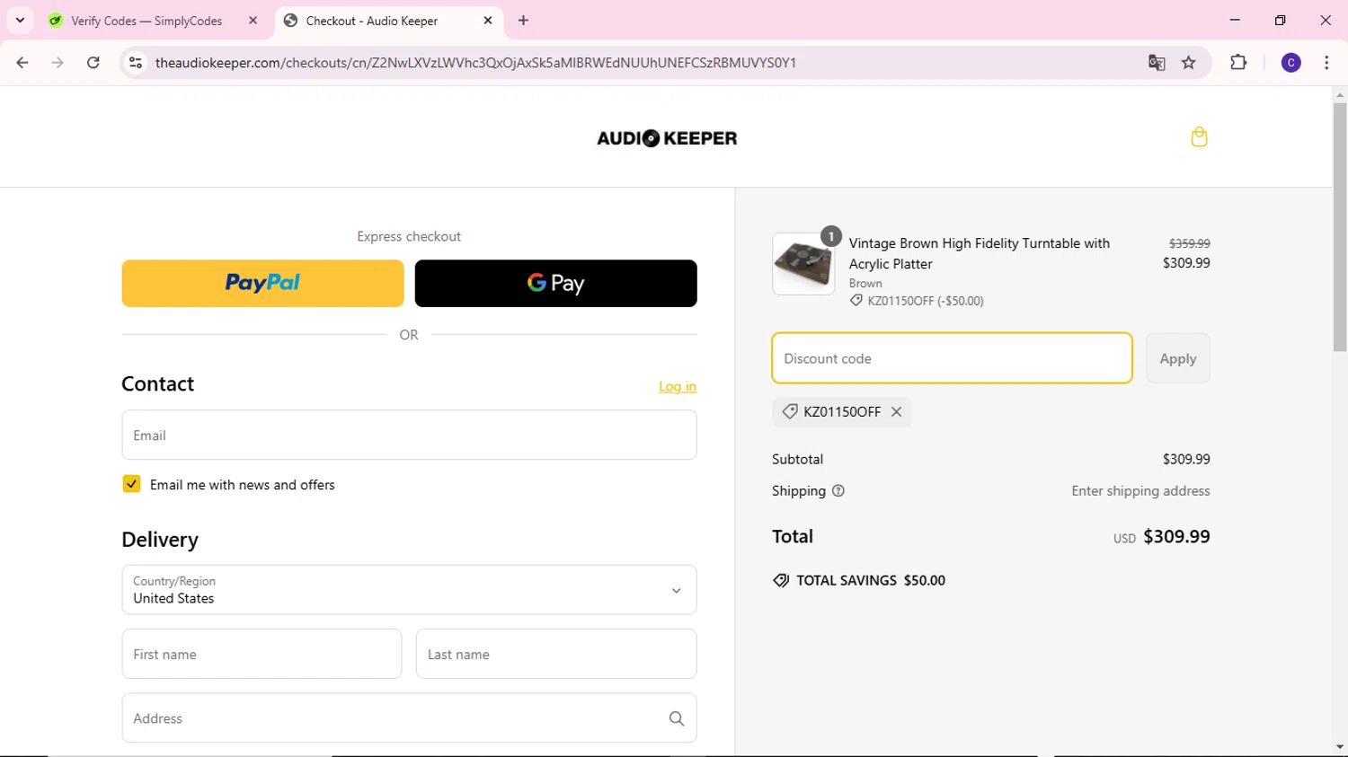 Audio Keeper promo code screenshot showing code KZ01150OFF applied at Audio Keeper checkout page. Uploaded by SimplyCodes community member MoneyWizard2699 on Mar 10, 2025