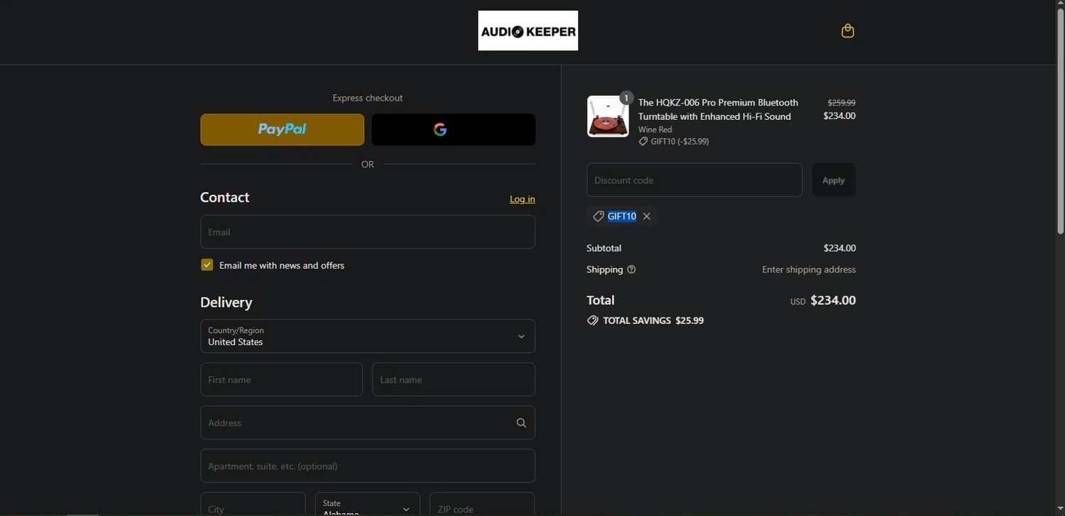 Audio Keeper promo code screenshot showing code GIFT10 applied at Audio Keeper checkout page. Uploaded by SimplyCodes community member Nor_man on Jul 28, 2025