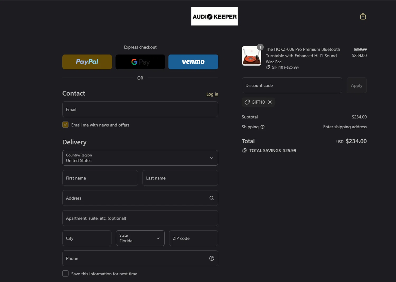 Audio Keeper promo code screenshot showing code GIFT10 applied at Audio Keeper checkout page. Uploaded by SimplyCodes community member tony2702 on Jul 24, 2025