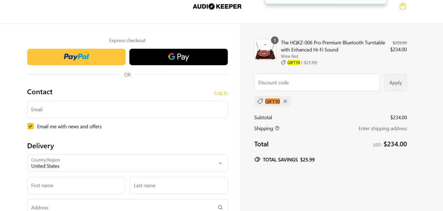 Audio Keeper promo code screenshot showing code GIFT10 applied at Audio Keeper checkout page. Uploaded by SimplyCodes community member Lioniel on May 27, 2025