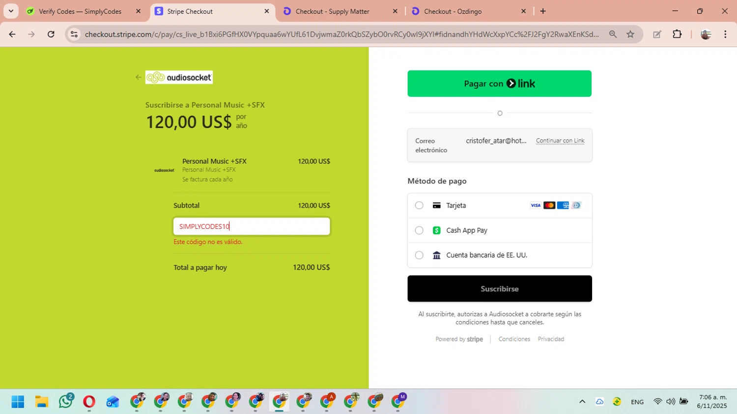 Audiosocket Blog promo code screenshot showing code SIMPLYCODES10 applied at Audiosocket Blog checkout page. Uploaded by SimplyCodes community member MariAPB on Nov 6, 2025
