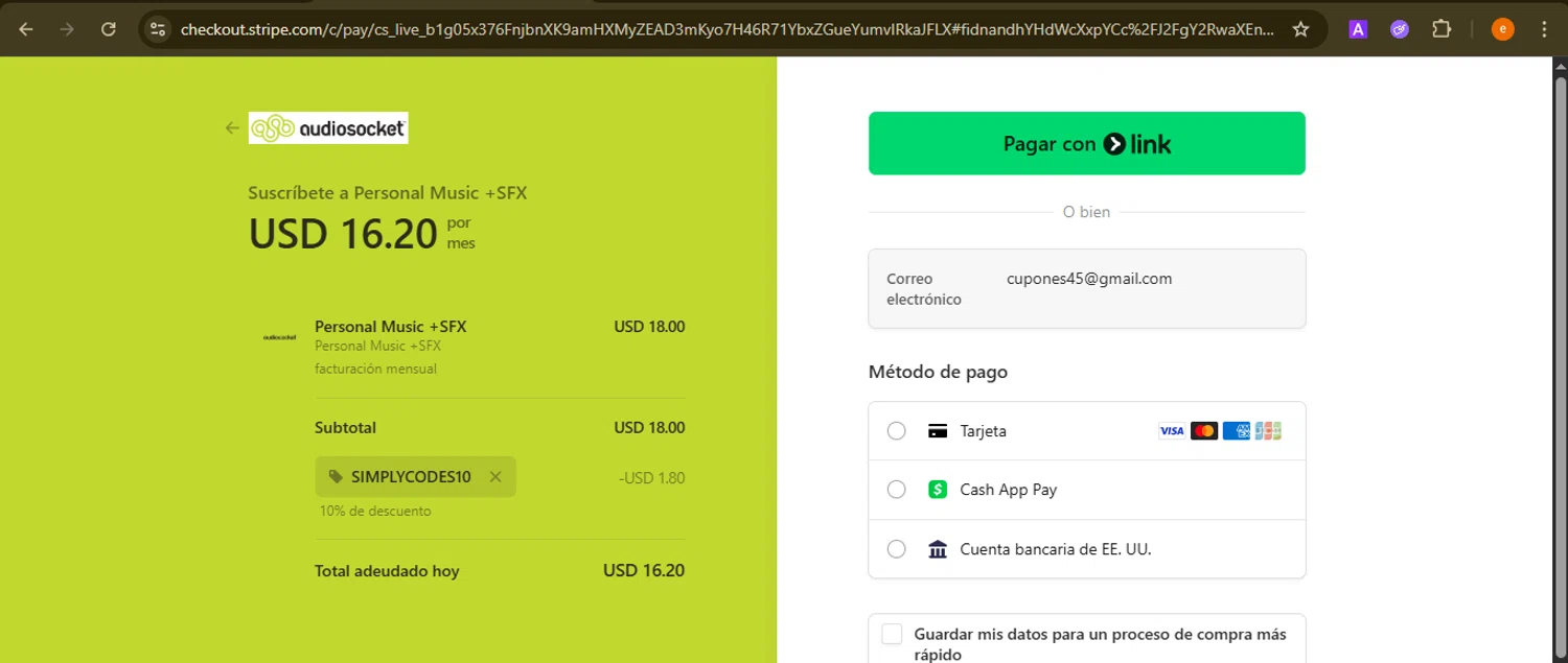 Audiosocket Blog promo code screenshot showing code SIMPLYCODES10 applied at Audiosocket Blog checkout page. Uploaded by SimplyCodes community member NobleElite1598 on Oct 8, 2025