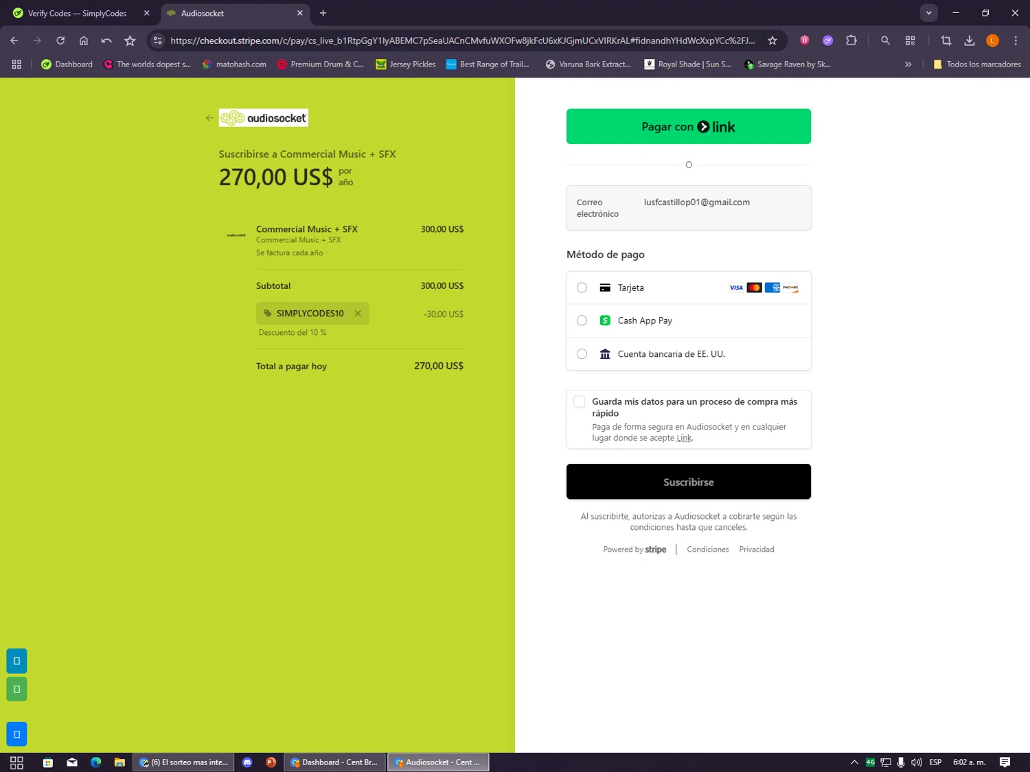 Audiosocket Blog promo code screenshot showing code SIMPLYCODES10 applied at Audiosocket Blog checkout page. Uploaded by SimplyCodes community member VayneChambeadora on Dec 5, 2025
