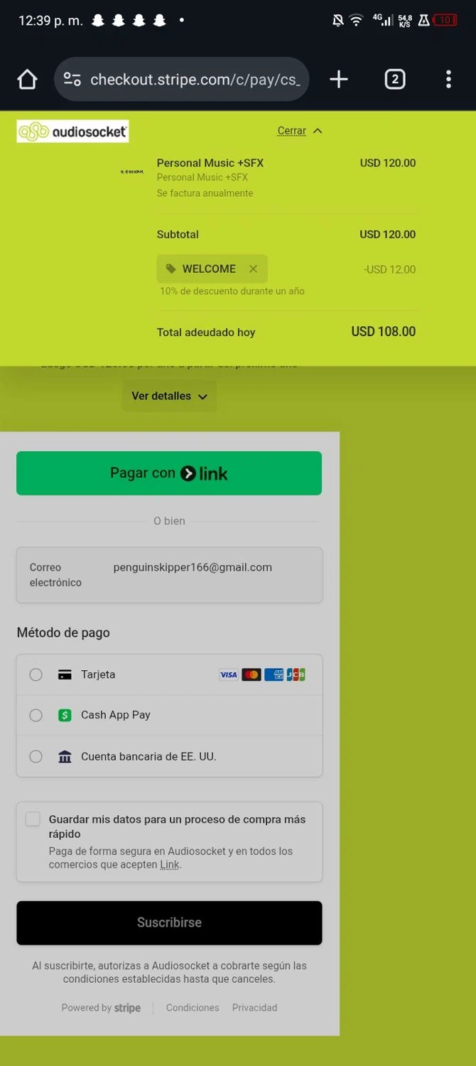 Audiosocket Blog promo code screenshot showing code WELCOME applied at Audiosocket Blog checkout page. Uploaded by SimplyCodes community member Sasuk3 on Oct 14, 2025