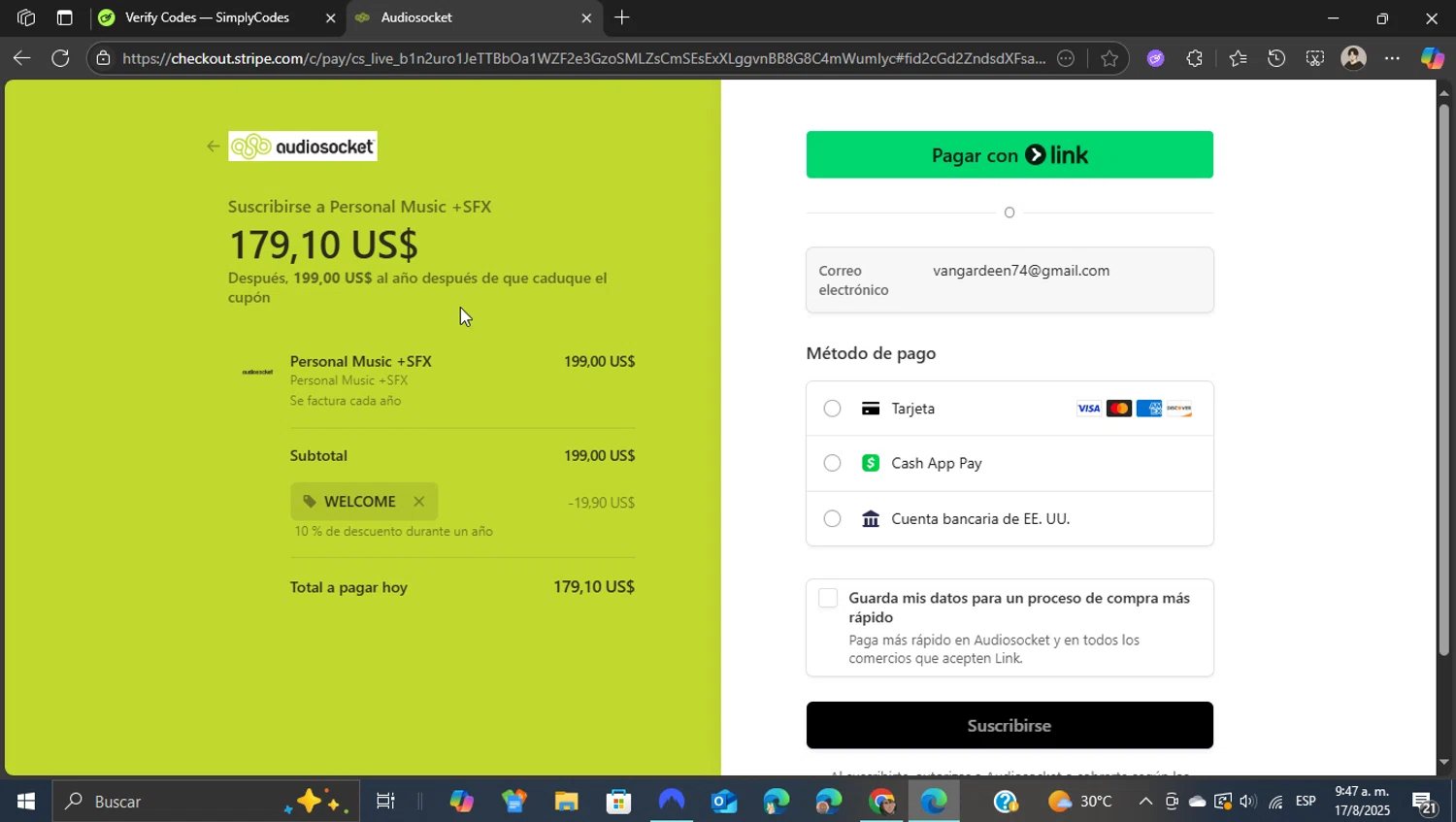 Audiosocket Blog promo code screenshot showing code WELCOME applied at Audiosocket Blog checkout page. Uploaded by SimplyCodes community member WonderKnight7884 on Aug 17, 2025