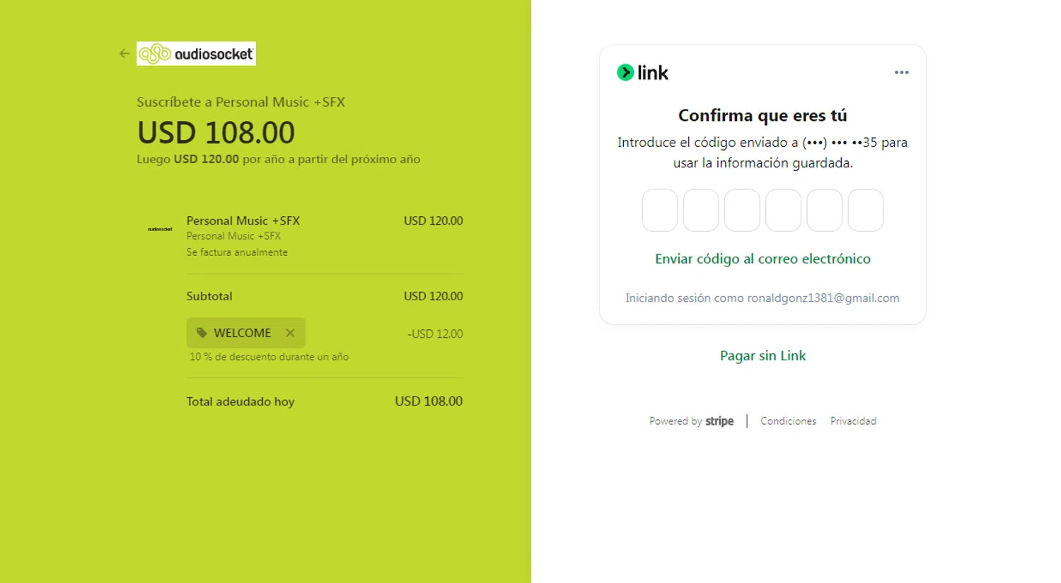 Audiosocket Blog promo code screenshot showing code WELCOME applied at Audiosocket Blog checkout page. Uploaded by SimplyCodes community member Yuskeilyn20 on Feb 7, 2026
