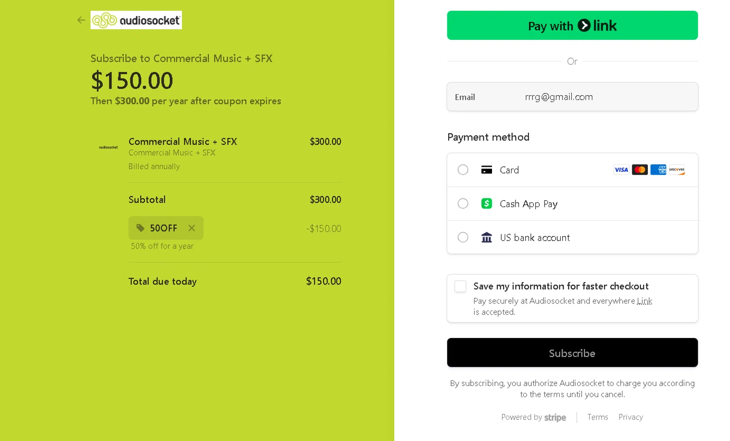 Audiosocket Blog promo code screenshot showing code 50OFF applied at Audiosocket Blog checkout page. Uploaded by SimplyCodes community member BLUEBLASTOISE on Aug 24, 2025