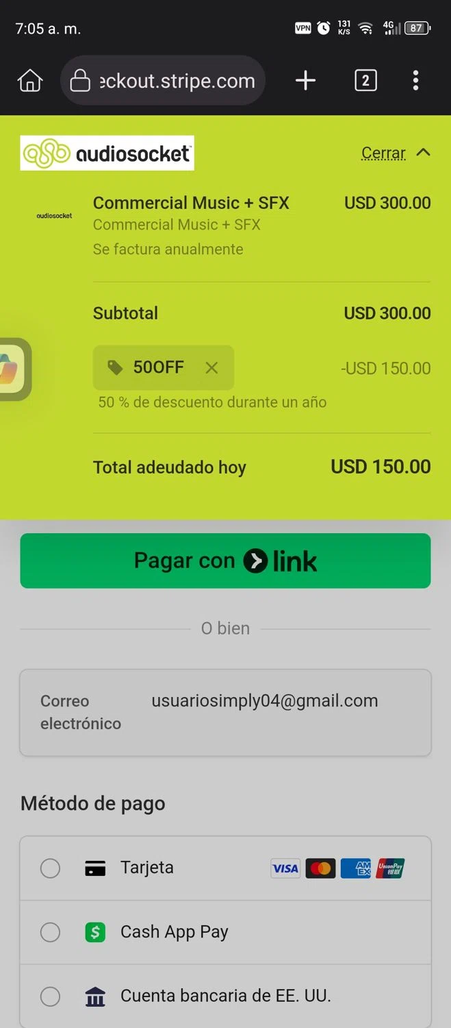 Audiosocket Blog promo code screenshot showing code 50OFF applied at Audiosocket Blog checkout page. Uploaded by SimplyCodes community member Thorfinn on Sep 22, 2025