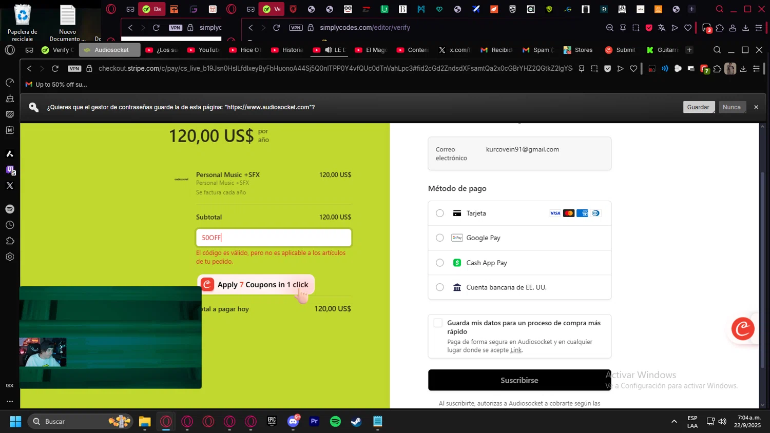 Audiosocket Blog promo code screenshot showing code 50OFF applied at Audiosocket Blog checkout page. Uploaded by SimplyCodes community member kurcovein on Sep 22, 2025