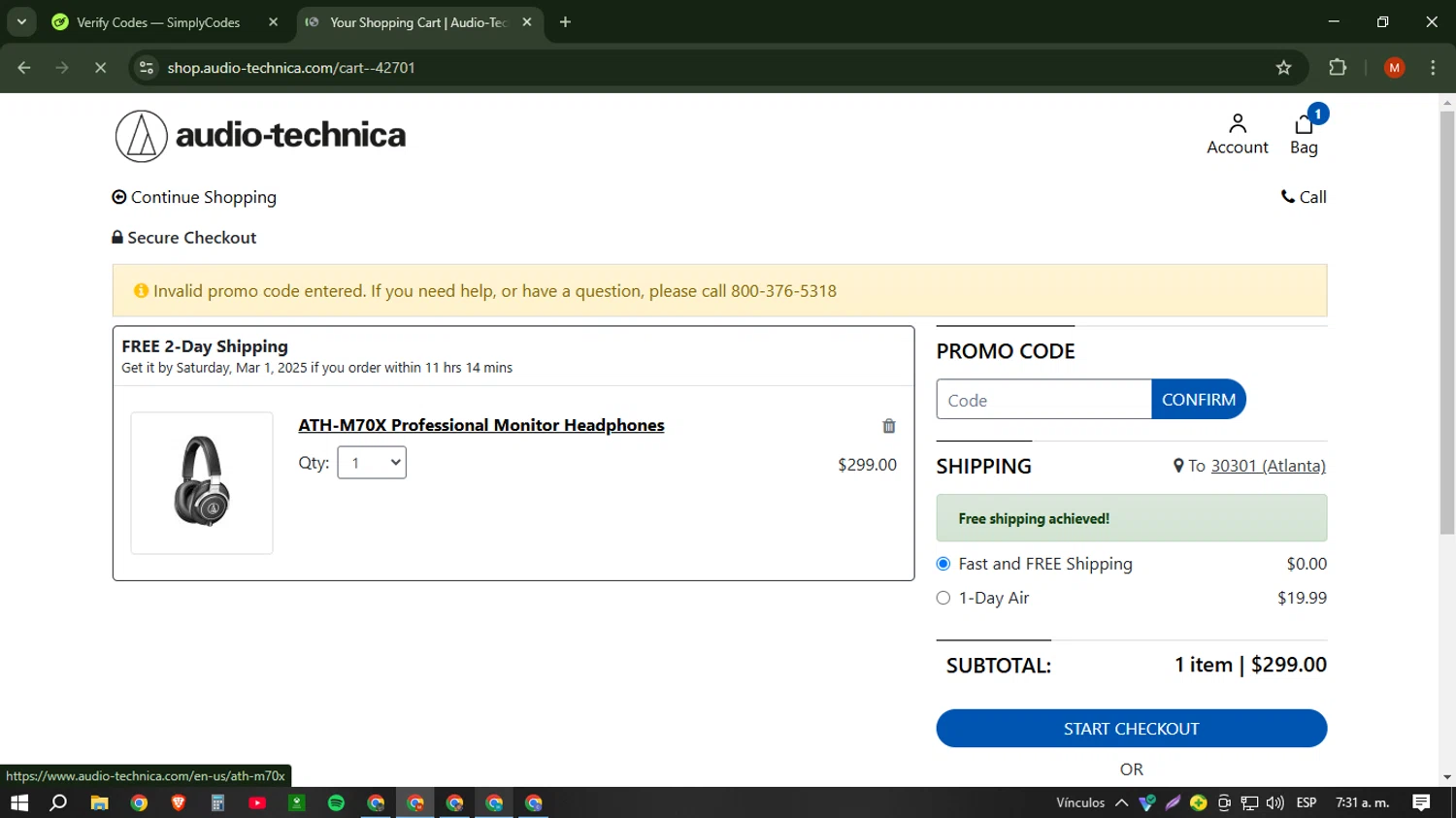 Audio-Technica promo code screenshot showing code GG2018 applied at Audio-Technica checkout page. Uploaded by SimplyCodes community member NobleSentinel6058 on Feb 27, 2025