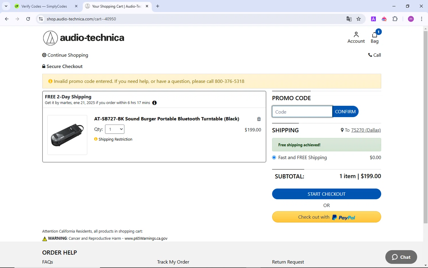 Audio-Technica checkout page showing Audio-Technica promo code box | Screenshot taken by SimplyCodes community member on Jan 17, 2025