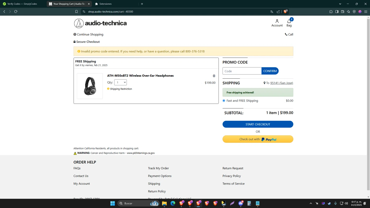 Audio-Technica promo code screenshot showing code S1G2020 applied at Audio-Technica checkout page. Uploaded by SimplyCodes community member NortTiger on Feb 14, 2025