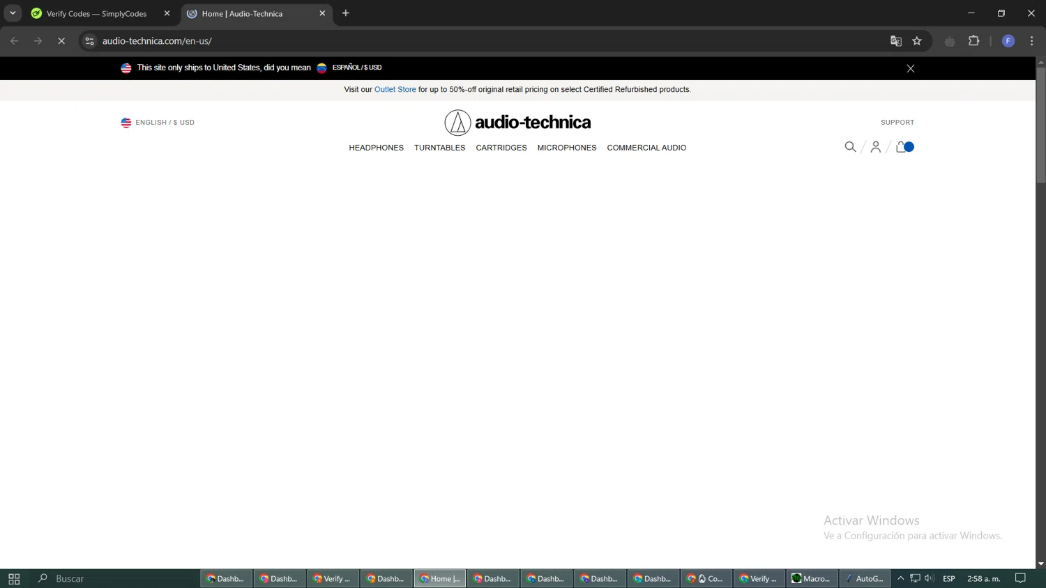 Audio-Technica promo code screenshot showing code S1G2020 applied at Audio-Technica checkout page. Uploaded by SimplyCodes community member ShieldLynx232 on Feb 28, 2025