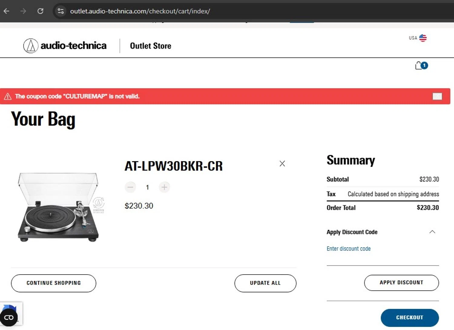 Audio-Technica promo code screenshot showing code TIM2020 applied at Audio-Technica checkout page. Uploaded by SimplyCodes community member ElToro on Aug 18, 2025