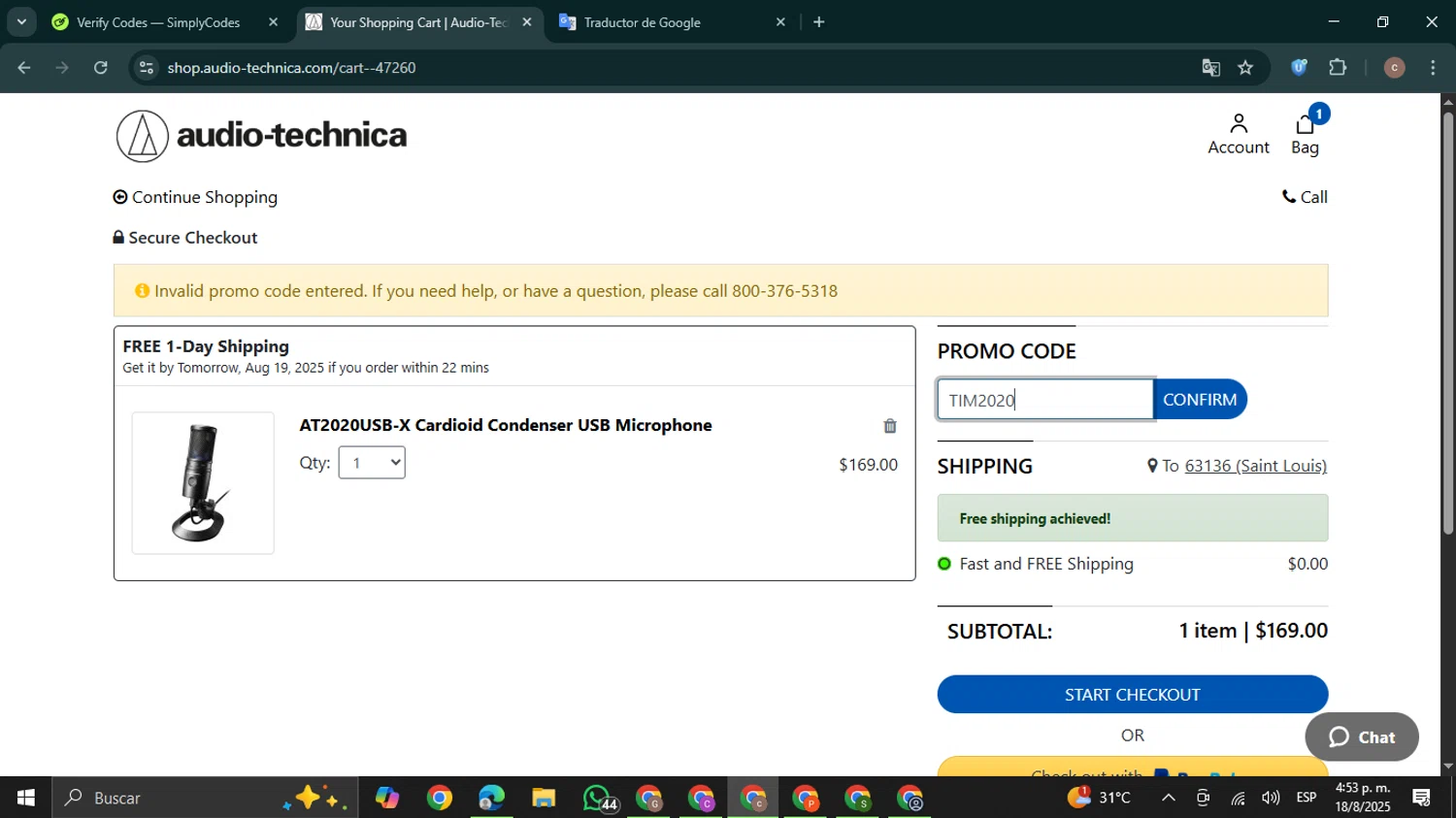 Audio-Technica promo code screenshot showing code TIM2020 applied at Audio-Technica checkout page. Uploaded by SimplyCodes community member NobleExpert6497 on Aug 18, 2025