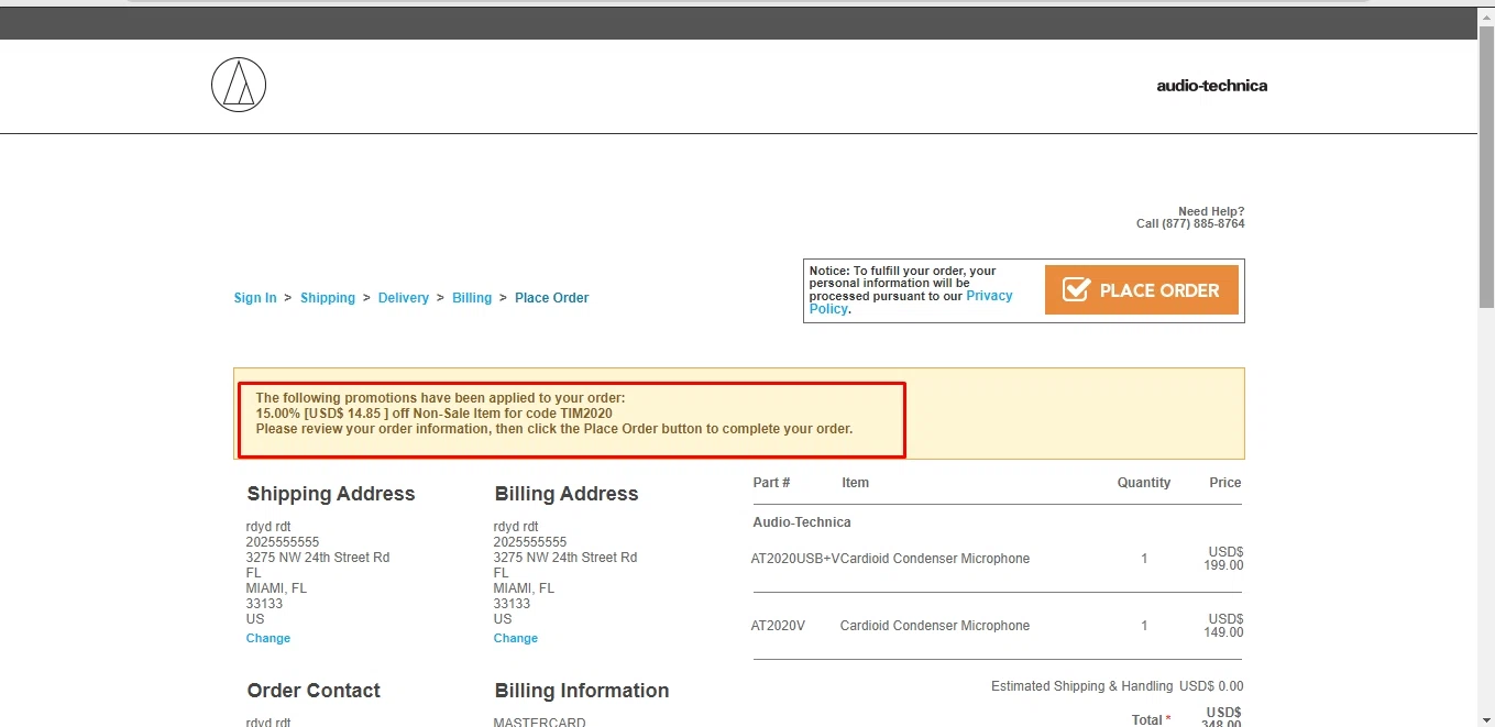 Audio-Technica checkout page showing Audio-Technica promo code box | Screenshot taken by SimplyCodes community member on Aug 23, 2020