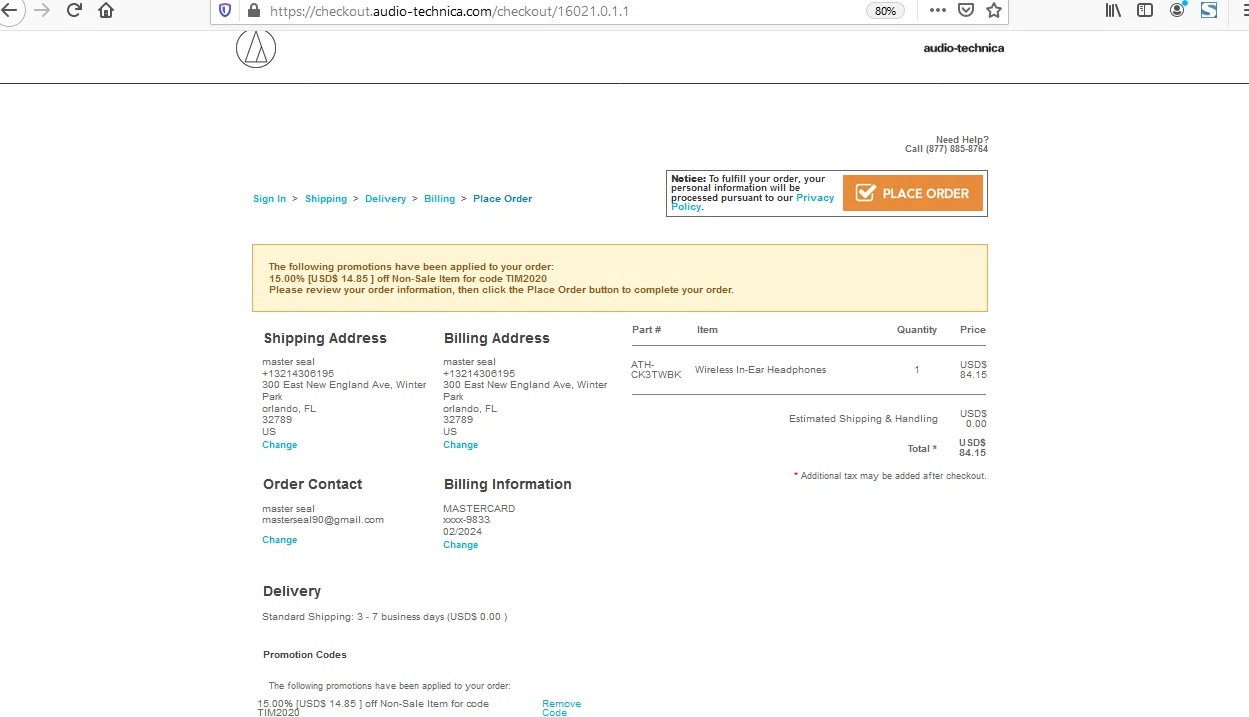 Audio-Technica checkout page showing Audio-Technica promo code box | Screenshot taken by SimplyCodes community member on Nov 6, 2020