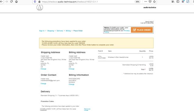 Audio-Technica checkout page showing Audio-Technica promo code box | Screenshot taken by SimplyCodes community member on Nov 6, 2020