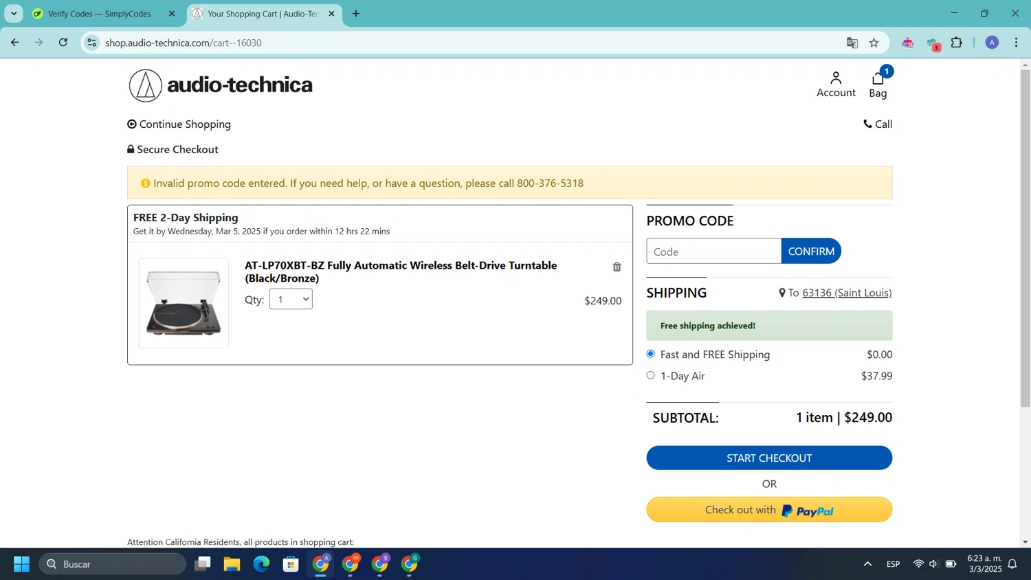 Audio-Technica promo code screenshot showing code TIM2020 applied at Audio-Technica checkout page. Uploaded by SimplyCodes community member DealLion9675 on Mar 3, 2025