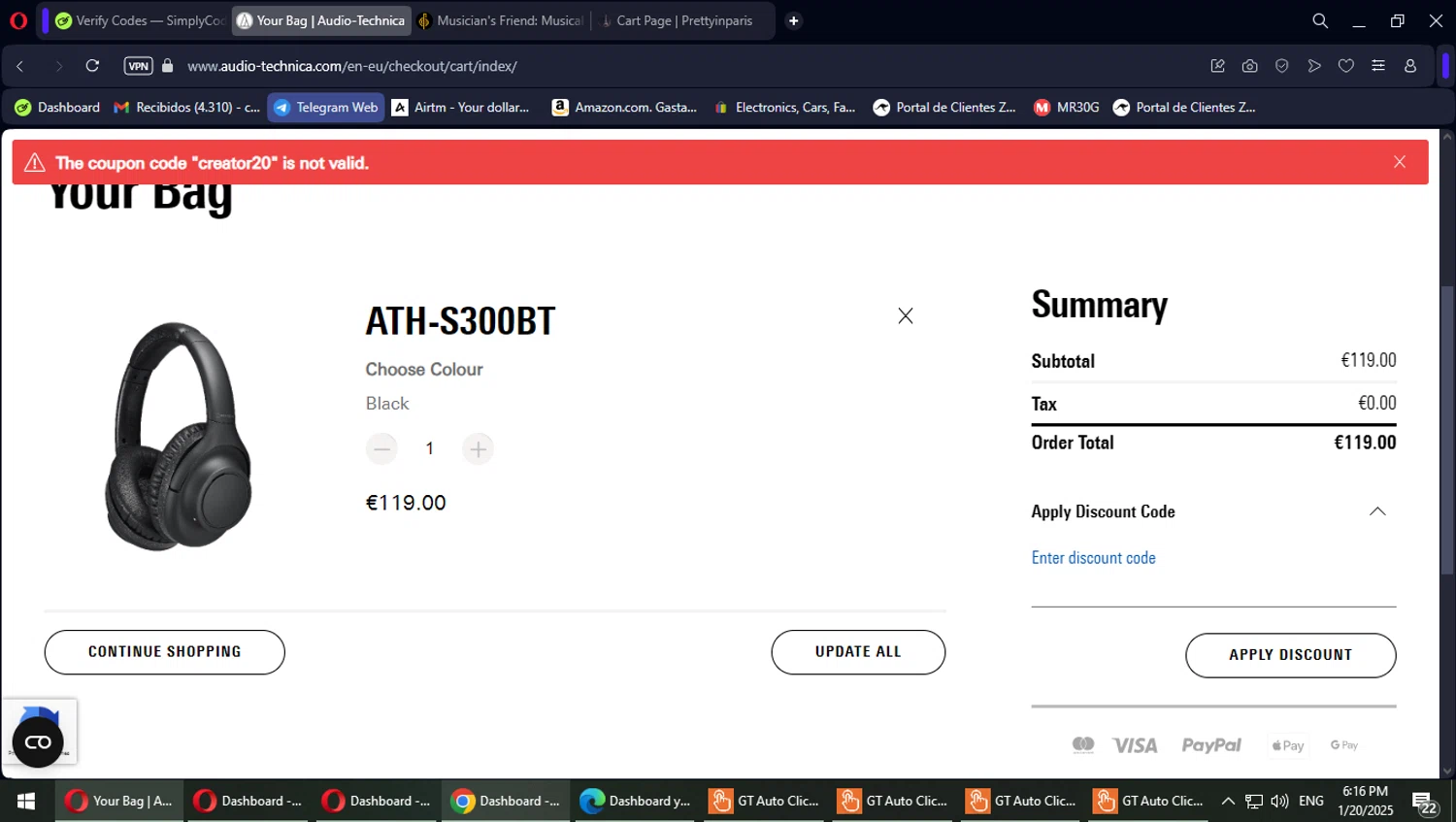 Audio-Technica promo code screenshot showing code creator20 applied at Audio-Technica checkout page. Uploaded by SimplyCodes community member PokeGOAT on Jan 20, 2025