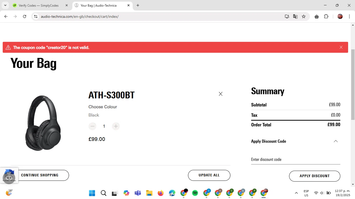 Audio-Technica promo code screenshot showing code creator20 applied at Audio-Technica checkout page. Uploaded by SimplyCodes community member GloriousDefender7889 on Feb 19, 2025